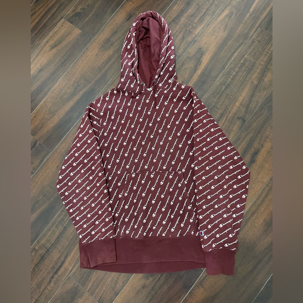Champion All Over Print Pullover Hoodie Men Large Burgundy Sweater Reverse Weave